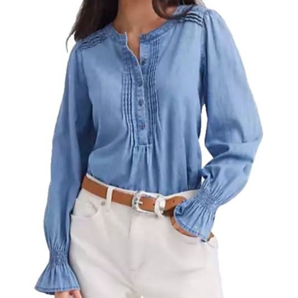 Loft Chambray Pleated Henley Blouse Cotton Boho Western Size Medium